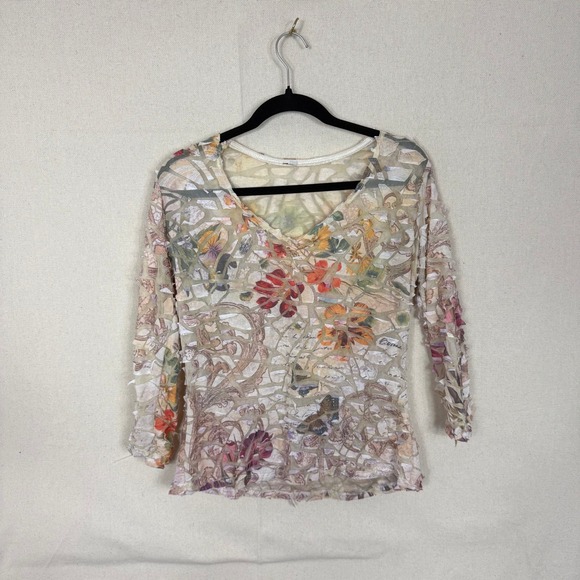 Unbranded Tops - Womens Sheer Mesh Mosaic Floral 3D Textured V-Neck Top 3/4 Sleeve Beige‎ Multi